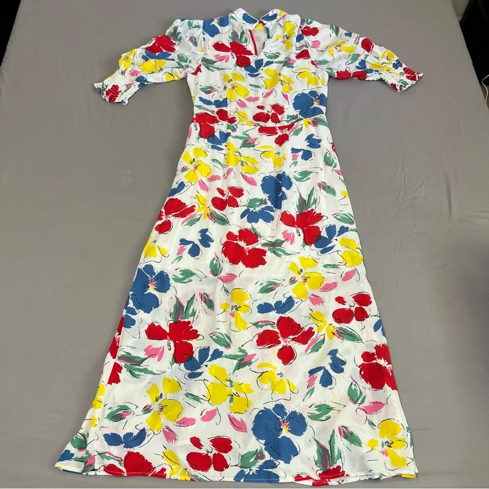 Rixo white Floral multicolored Mock Neck Cascade Ruffle Dress short sleeves sz 6 - Picture 11 of 16